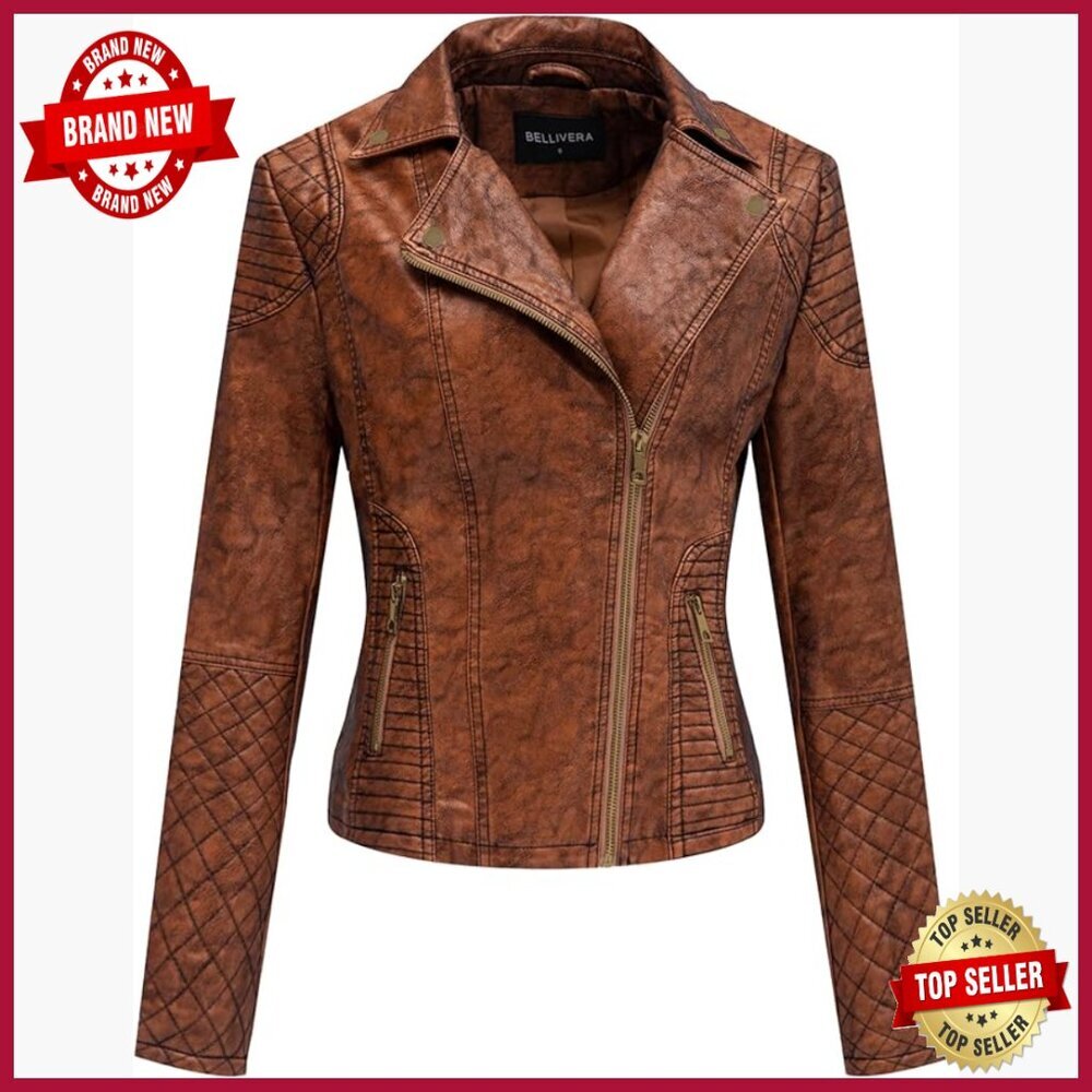 Faux Leather Motorcycle Jacket Slim Fit Long Sleeve Zipper Pockets